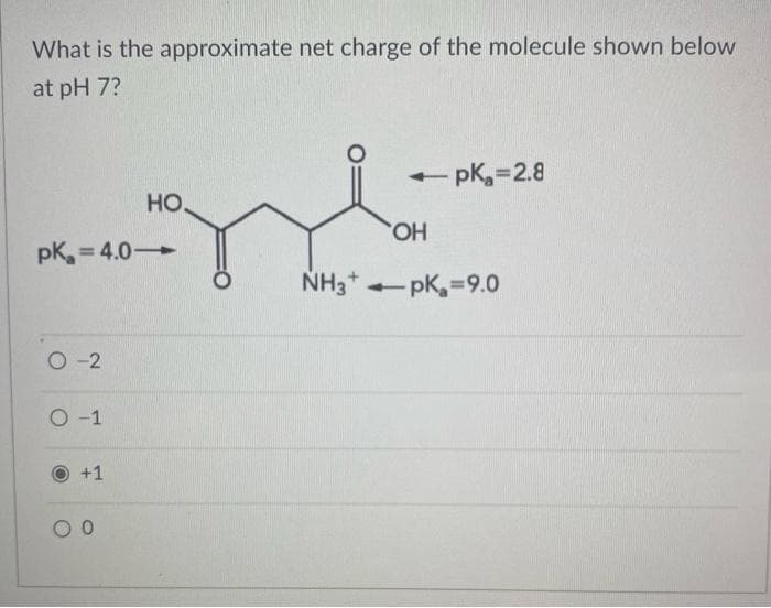 What is the approximate net charge of the molecule shown below
at pH 7?
0-2
pk₂=4.0->
O-1
+1
gli
00
HO.
- - pk₂=2.8
OH
NH3pK₂=9.0
