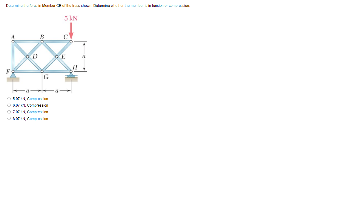 Determine the force in Member CE of the truss shown. Determine whether the member is in tension or compression.
5 kN
B
с
D
F
G
a
O 5.07 kN, Compression
O 6.07 KN, Compression
O 7.07 kN, Compression
O 8.07 kN, Compression
a
E
H
O
a