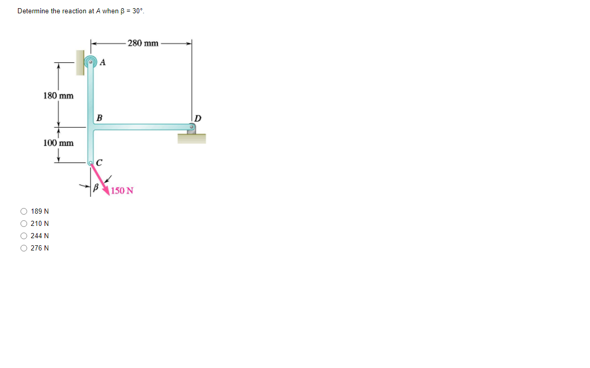 Determine the reaction at A when B = 30°.
280 mm
A
180 mm
B
D
100 mm
C
150 N
O 189 N
O 210 N
O 244 N
O 276 N
