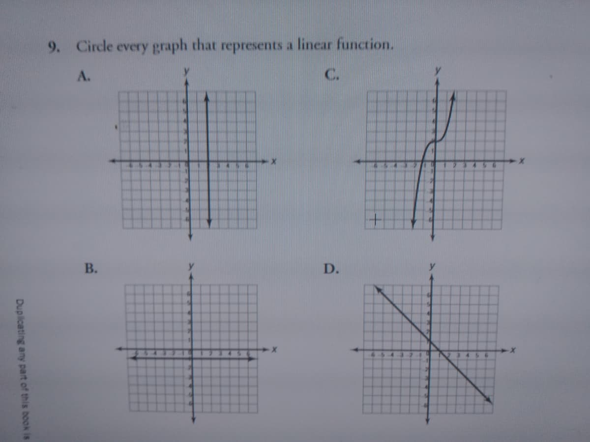 9. Circle every graph that represents a linear function.
A.
C.
14
В.
D.
Duplicating any part of this book is
