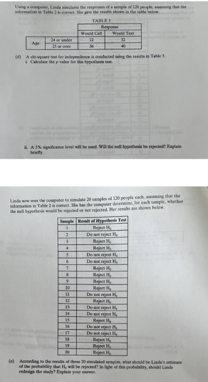 Using a computer, Linda simulates the responses of a sample of 120 people, assuming that the
information in Table 2 is correct. She gets the results shown in the table below.
TABLE 3
Response
Would Call
Would Text
24 or under
12
32
Age
25 or over
36
40
(d) A chi-square test for independence is conducted using the results in Table 3.
i. Calculate the p-value for this hypothesis test.
ii. A 5% significance level will be used. Will the null hypothesis be rejected? Explain
briefly.
Linda now uses the computer to simulate 20 samples of 120 people each, assuming that the
information in Table 2 is correct. She has the computer determine, for each sample, whether
the null hypothesis would be rejected or not rejected. Her results are shown below.
Sample Result of Hypothesis Test
Reject H
Do not reject H,
Reject Ho
Reject Ho
Do not reject H,
Do not reject Ho
1
3
4
5
6.
Reject Ho
Reject Ho
Reject H
Reject Ho
Do not reject Ho
Reject H
Do not reject Họ
Do not reject Ho
Reject H
Do not reject H
Do not reject Họ
Reject H
Reject H,
Reject H
8
10
11
12
13
14
15
16
17
18
19
20
(e) According to the results of these 20 simulated samples, what should be Linda's estimate
of the probability that Ho will be rejected? In light of this probability, should Linda
redesign the study? Explain your answer.
