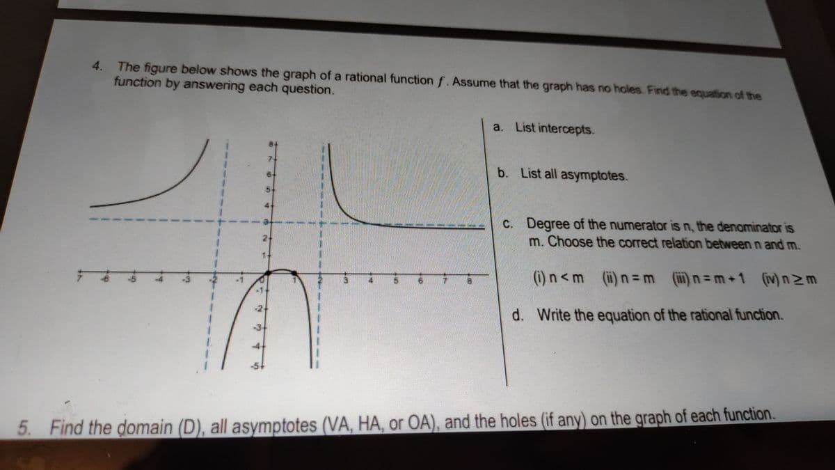 4. The figure below shows the graph of a rational function f. Assume that the graph has no holes. Find the equation of the
function by answering each question.
a. List intercepts.
b. List all asymptotes.
c. Degree of the numerator is n, the denominator is
m. Choose the correct relation between n and m.
2-
(0) n<m (i)n= m ()n=m+1
(iv) n 2m
-3
d. Write the equation of the rational function.
-5+
5. Find the domain (D), all asymptotes (VA, HA, or OA), and the holes (if any) on the graph of each function
