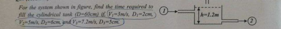 For the system shown in figure, find the time required to
fill the cylindrical tank (D-60cm) if. V-3m/s, Di-2cm,
V-5m/s, D,-6cm, and V3-7.2m/s, Dy-5cm.
h=1.2m
