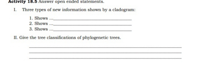 Activity 18.5 Answer open ended statements.
I. Three types of new information shown by a cladogram:
1. Shows ...
2. Shows ...
3. Shows ...
II. Give the tree classifications of phylogenetic trees.
