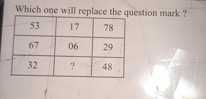 Which one will replace the question mark ?
53
17
78
67
06
29
32
?
48
