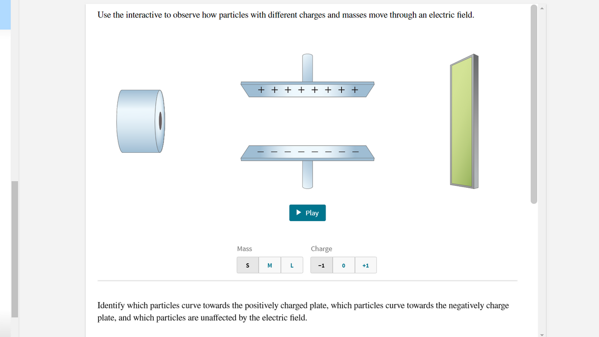 Use the interactive to observe how particles with different charges and masses move through an electric field.
+ + + + + + + +
• Play
Mass
Charge
M
L
-1
+1
Identify which particles curve towards the positively charged plate, which particles curve towards the negatively charge
plate, and which particles are unaffected by the electric field.
