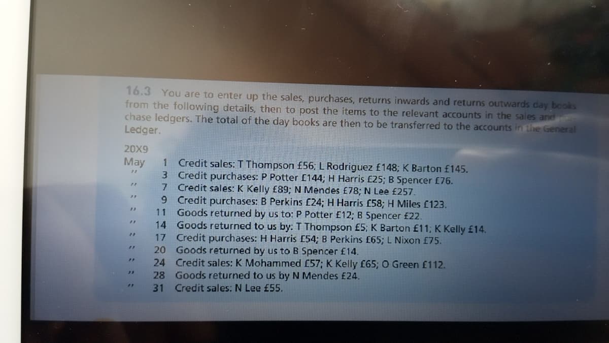 16.3 You are to enter up the sales, purchases, returns inwards and returns outwards day books
from the following details, then to post the items to the relevant accounts in the sales and
chase ledgers. The total of the day books are then to be transferred to the accounts in the General
Ledger.
20X9
May
1 Credit sales: T Thompson f56; L Rodriguez £148; K Barton f145.
3 Credit purchases: P Potter £144; H Harris £25; B Spencer £76.
7 Credit sales: K Kelly £89; N Mendes £78; N Lee £257.
9 Credit purchases: B Perkins £24; H Harris £58; H Miles £123.
11 Goods returned by us to: P Potter £12; B 5pencer £22.
14 Goods returned to us by: T Thompson £5; K Barton £11; K Kelly £14.
17 Credit purchases: H Harris [54; B Perkins £65; L Nixon £75.
Goods returned by us to B Spencer £14.
24 Credit sales: K Mohammed £57; K Kelly f65; O Green £112.
Goods returned to us by N Mendes £24.
71
20
11
28
31 Credit sales: N Lee £55.
