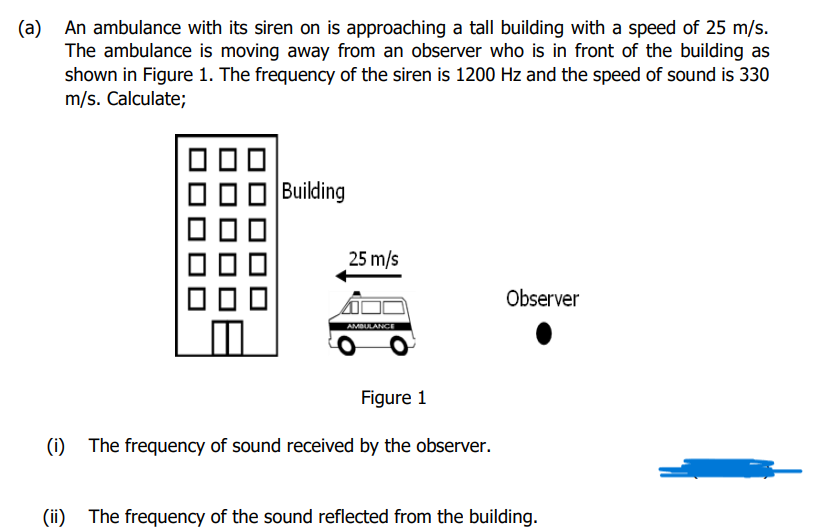(a) An ambulance with its siren on is approaching a tall building with a speed of 25 m/s.
The ambulance is moving away from an observer who is in front of the building as
shown in Figure 1. The frequency of the siren is 1200 Hz and the speed of sound is 330
m/s. Calculate;
Building
25 m/s
Observer
AMBLANCE
Figure 1
(i) The frequency of sound received by the observer.
(ii) The frequency of the sound reflected from the building.
