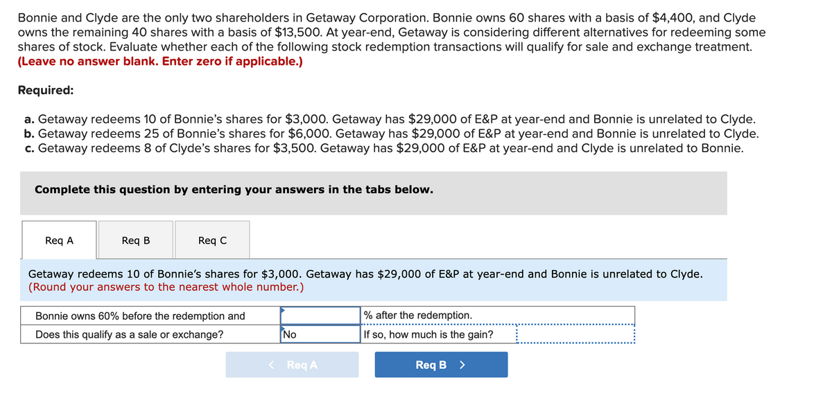 Bonnie and Clyde are the only two shareholders in Getaway Corporation. Bonnie owns 60 shares with a basis of $4,400, and Clyde
owns the remaining 40 shares with a basis of $13,500. At year-end, Getaway is considering different alternatives for redeeming some
shares of stock. Evaluate whether each of the following stock redemption transactions will qualify for sale and exchange treatment.
(Leave no answer blank. Enter zero if applicable.)
Required:
a. Getaway redeems 10 of Bonnie's shares for $3,000. Getaway has $29,000 of E&P at year-end and Bonnie is unrelated to Clyde.
b. Getaway redeems 25 of Bonnie's shares for $6,000. Getaway has $29,000 of E&P at year-end and Bonnie is unrelated to Clyde.
c. Getaway redeems 8 of Clyde's shares for $3,500. Getaway has $29,000 of E&P at year-end and Clyde is unrelated to Bonnie.
Complete this question by entering your answers in the tabs below.
Req A
Req B
Req C
Getaway redeems 10 of Bonnie's shares for $3,000. Getaway has $29,000 of E&P at year-end and Bonnie is unrelated to Clyde.
(Round your answers to the nearest whole number.)
Bonnie owns 60% before the redemption and
% after the redemption.
Does this qualify as a sale or exchange?
No
If so, how much is the gain?
< Req A
Req B >
