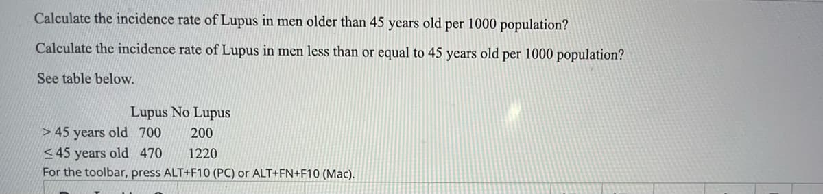 Calculate the incidence rate of Lupus in men older than 45 years old per 1000 population?
Calculate the incidence rate of Lupus in men less than or equal to 45 years old per 1000 population?
See table below.
Lupus No Lupus
200
1220
> 45 years old 700
≤45 years old 470
For the toolbar, press ALT+F10 (PC) or ALT+FN+F10 (Mac).