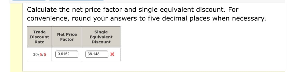 Calculate the net price factor and single equivalent discount. For
convenience, round your answers to five decimal places when necessary.
Trade
Single
Equivalent
Discount
Net Price
Discount
Factor
Rate
30/6/6
0.6152
38.148
