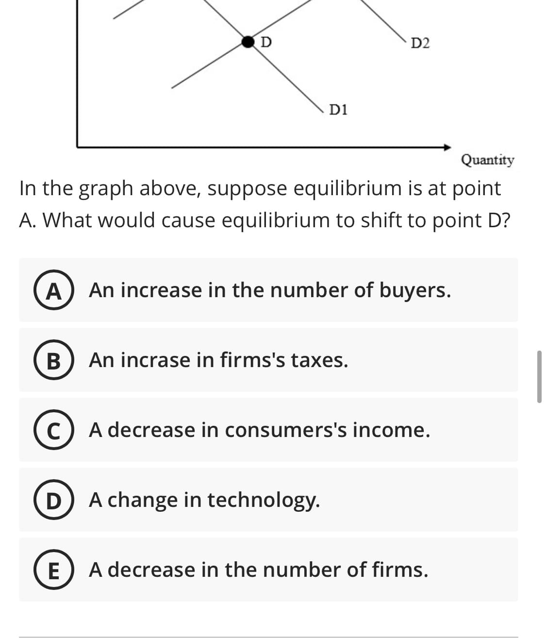 D
D2
D1
Quantity
In the graph above, suppose equilibrium is at point
A. What would cause equilibrium to shift to point D?
A
An increase in the number of buyers.
An incrase in firms's taxes.
(c) A decrease in consumers's income.
C
(D A change in technology.
E
A decrease in the number of firms.
