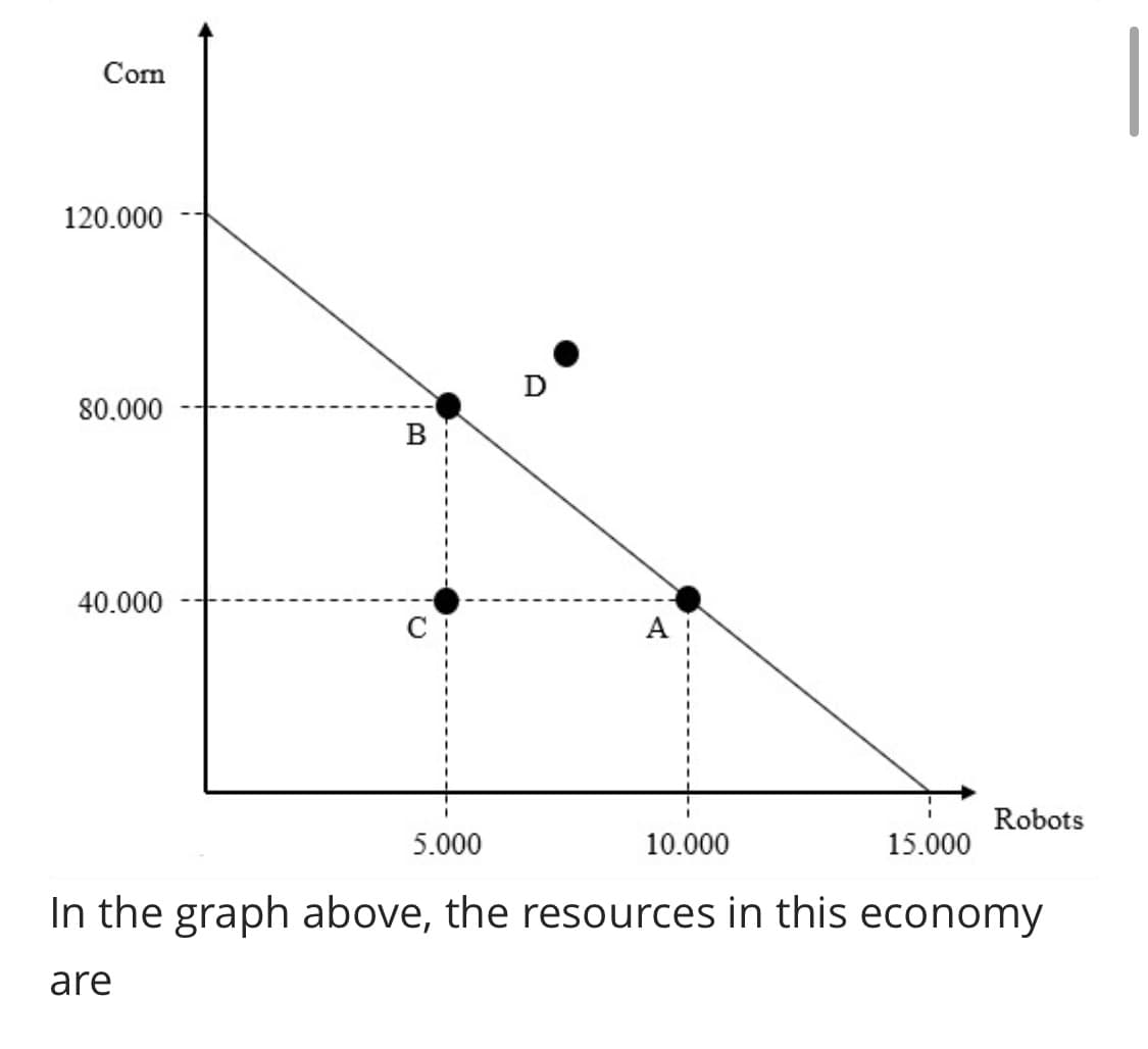 Com
120.000
D
80.000
40.000
Robots
5.000
10.000
15.000
In the graph above, the resources in this economy
are
