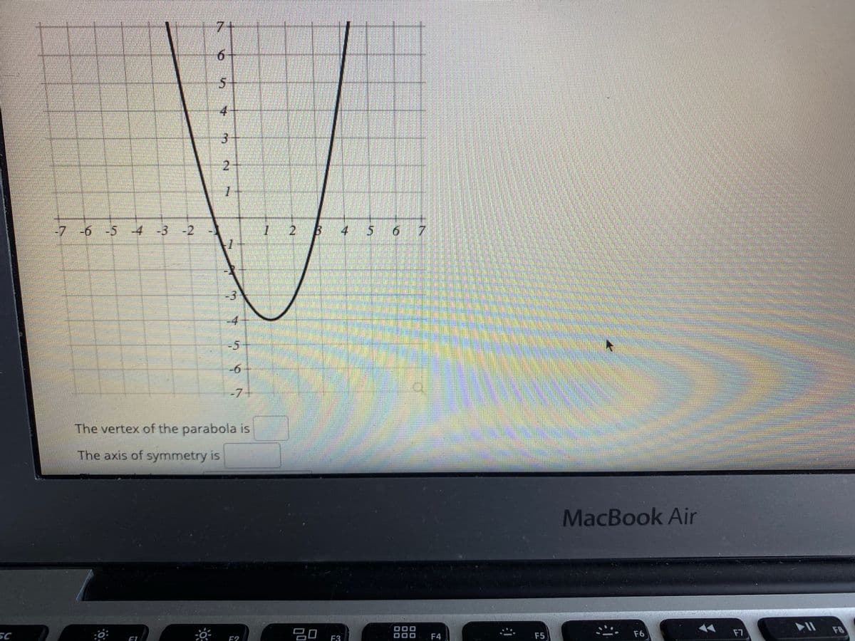 7+
6.
4
1.
-7 -6 -5 -4 -3 -2
4 5 6 7
-3
-4
-5
-6
-7+
The vertex of the parabola is
The axis of symmetry is
MacBook Air
F8
20
SC
F4
F5
F6
F7
F2
F3
2.
