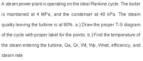 A steam power plant is operating on the ideal Rankine cycle. The boiler
is maintained at 4 MPa, and the condenser at 40 kPa. The steam
quality leaving the turbine is at 90%. a.) Draw the proper T-S diagram
of the cycle with proper label for the points. b.) Find the temperature of
the steam entering the turbine, Qa, Qr, Wt, Wp, Wnet, efficiency, and
steam rate