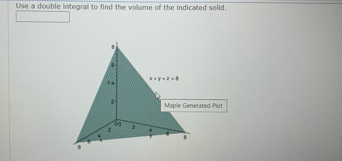 Use a double integral to find the volume of the indicated solid.
X + y +Z = 8
24
Maple Generated Plot
00
