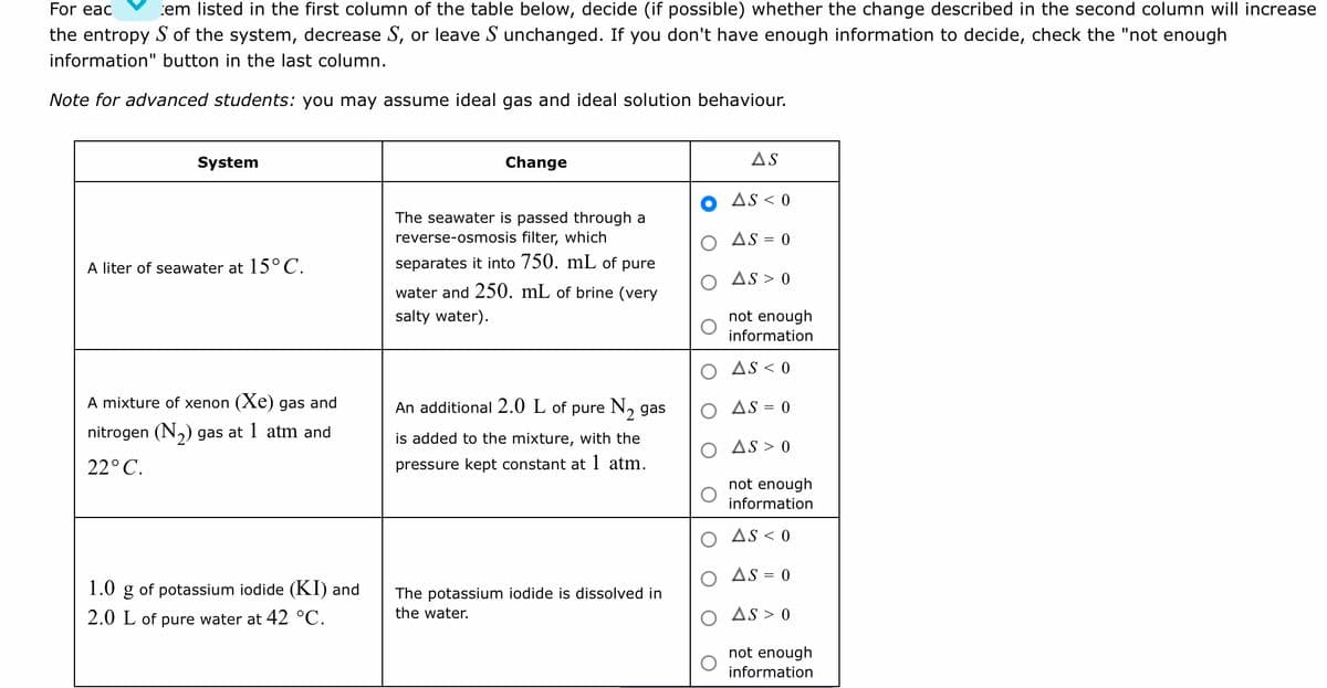 For eac
em listed in the first column of the table below, decide (if possible) whether the change described in the second column will increase
the entropy S of the system, decrease S, or leave S unchanged. If you don't have enough information to decide, check the "not enough
information" button in the last column.
Note for advanced students: you may assume ideal gas and ideal solution behaviour.
System
A liter of seawater at 15° C.
A mixture of xenon (Xe) gas and
nitrogen (N₂) gas at 1 atm and
22° C.
1.0 g of potassium iodide (KI) and
2.0 L of pure water at 42 °C.
Change
The seawater is passed through a
reverse-osmosis filter, which
separates it into 750. mL of pure
water and 250. mL of brine (very
salty water).
An additional 2.0 L of pure N₂ gas
is added to the mixture, with the
pressure kept constant at 1 atm.
The potassium iodide is dissolved in
the water.
O
O
AS
AS < 0
AS = 0
AS > 0
not enough
information
AS < 0
AS = 0
AS > 0
not enough
information
AS < 0
AS = 0
AS> 0
not enough
information