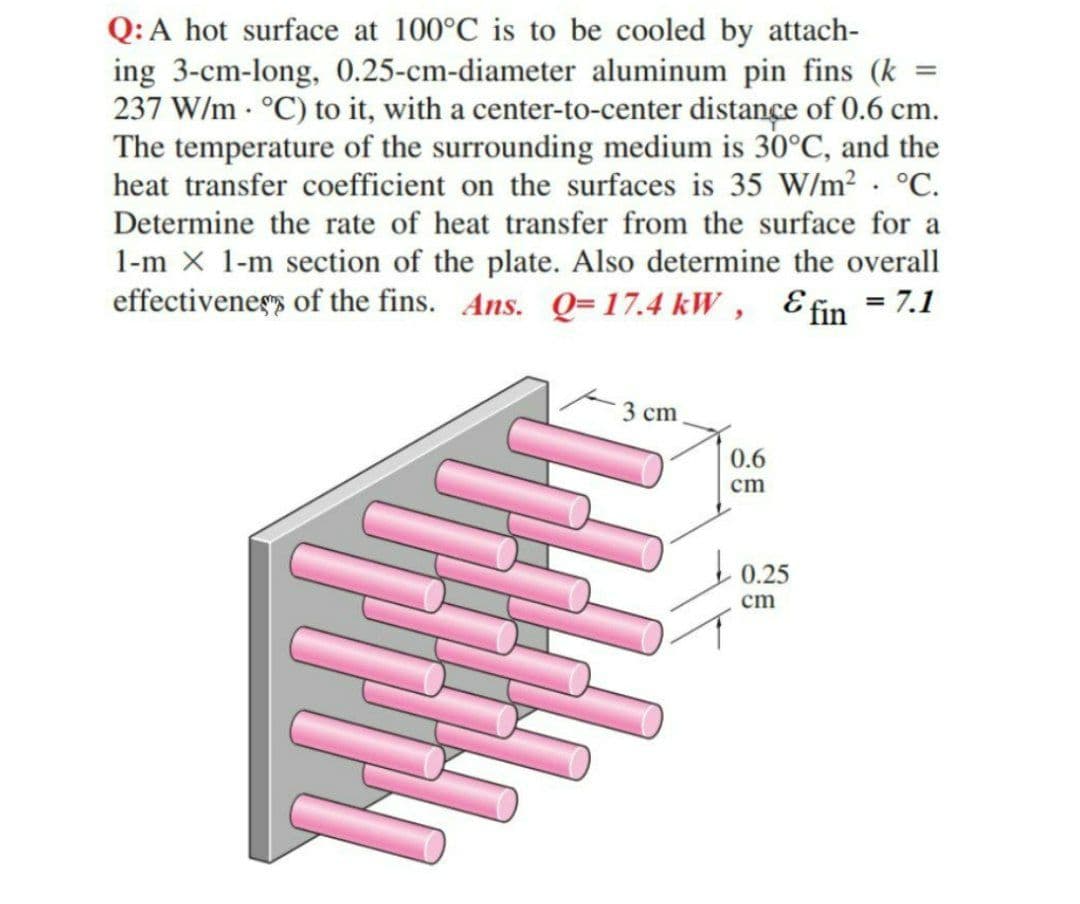 Q:A hot surface at 100°C is to be cooled by attach-
ing 3-cm-long, 0.25-cm-diameter aluminum pin fins (k
237 W/m · °C) to it, with a center-to-center distançe of 0.6 cm.
The temperature of the surrounding medium is 30°C, and the
heat transfer coefficient on the surfaces is 35 W/m2 . °C.
Determine the rate of heat transfer from the surface for a
1-m X 1-m section of the plate. Also determine the overall
effectiveners of the fins. Ans. Q=17.4 kW , E fin = 7.1
3 cm
0.6
cm
L0.25
cm
