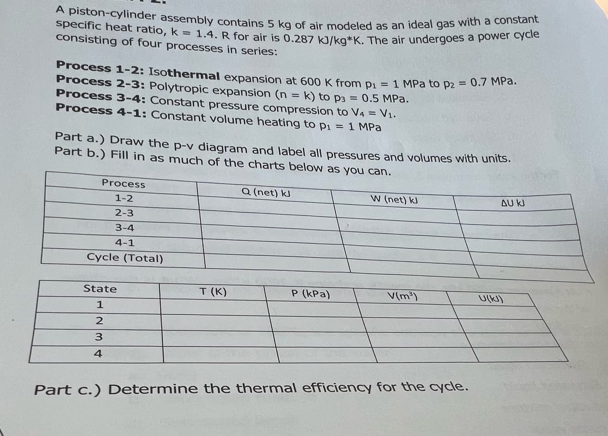 A piston-cylinder assembly contains 5 kg of air modeled as an ideal gas with a constant
specific heat ratio, k = 1.4. R for air is 0.287 kJ/kg*K. The air undergoes a power cycle
Process 1-2: Isothermal expansion at 600 K from Pi = 1 MPa to p2 = 0.7 MPa.
consisting of four processes in series:
Process 2-3: Polytropic expansion (n = k) to p3 = 0.5 MPa.
Process 3-4: Constant pressure compression to V4 = V1.
Process 4-1: Constant volume heating to pi = 1 MPa
Part a.) Draw the p-v diagram and label all pressures and volumes with units.
Part b.) Fill in as much of the charts below as you can.
Process
Q (net) kJ
W (net) kJ
AU KJ
1-2
2-3
3-4
4-1
Cycle (Total)
State
T (K)
P (kPa)
V(m³)
Ulk))
3
Part c.) Determine the thermal efficiency for the cycle.
