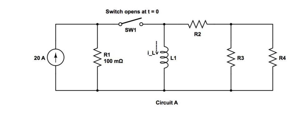Switch opens at t = 0
SW1
R2
R1
20 A
L1
R3
R4
100 ma
Circuit A
