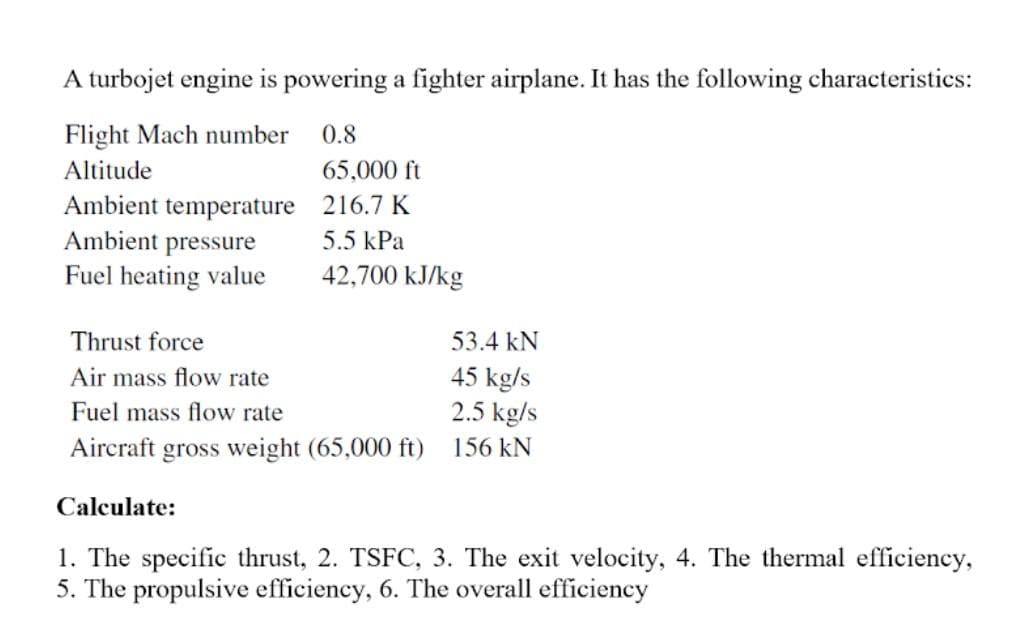 A turbojet engine is powering a fighter airplane. It has the following characteristics:
Flight Mach number
0.8
Altitude
65,000 ft
Ambient temperature 216.7 K
Ambient pressure
5.5 kPa
Fuel heating value
42,700 kJ/kg
Thrust force
53.4 kN
45 kg/s
2.5 kg/s
Air mass flow rate
Fuel mass flow rate
Aircraft
gross weight (65,000 ft)
156 kN
Calculate:
1. The specific thrust, 2. TSFC, 3. The exit velocity, 4. The thermal efficiency,
5. The propulsive efficiency, 6. The overall efficiency
