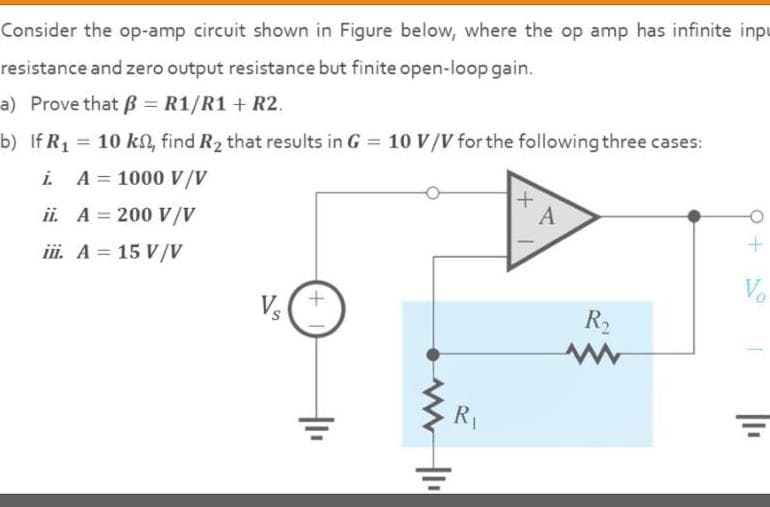Consider the op-amp circuit shown in Figure below, where the op amp has infinite inpu
resistance and zero output resistance but finite open-loop gain.
a) Prove that B = R1/R1 + R2.
b) If R1 10 ka, find R2 that results in G 10 V/V for the following three cases:
i A = 1000 V/V
A
ii. A = 200 V/V
iii. A = 15 V/V
%3D
Vo
Vs
R2
