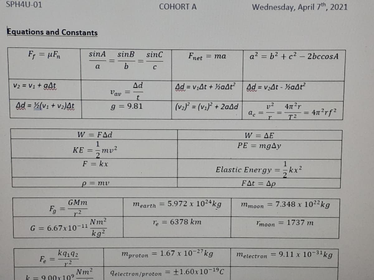 SPH4U-01
COHORT A
Wednesday, April 7th, 2021
Equations and Constants
F = µFn
sinA
sinB
sinC
Fnet = ma
a? = b2 + c2 – 2bccosA
a
b.
V2 = V1 + aAt
Ad
Ad = v1At + aAt
Ad = v2At - ½aAť
Vav
Ad = ½(v1 + v2)At
(v2) = (v1)² + 2aad
v²
a. =
4n?r
= 47²rf2
g = 9.81
%3D
T2
W = FAd
W = AE
1
KE =-mv2
PE = mgAy
F = kx
1
Elastic Energy =
kx2
2.
FAt = Ap
p= mv
GMm
mearth = 5.972 x 1024kg
mmoon = 7.348 x 1022kg
Nm2
G = 6.67x10-11
kg?
Te = 6378 km
I'moon
= 1737 m
kq192
Fe
= 1.67 x 10-2"kg
mproton
melectron = 9.11 x 10-31kg
r²
Nm2
9.00x109
Gelectron/proton
= +1.60x10-19C
