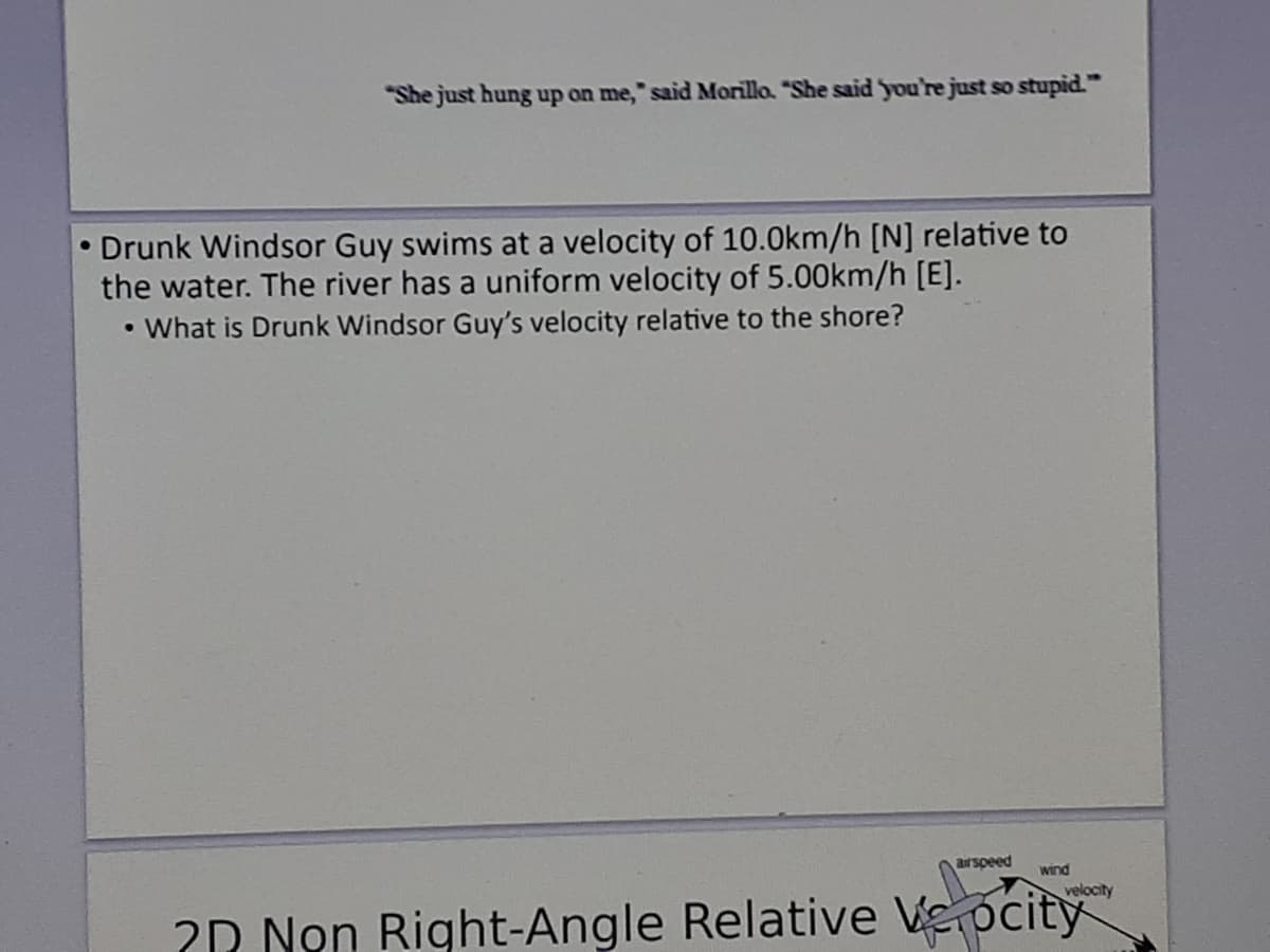 "She just hung up on me," said Morillo. "She said you're just so stupid.
Drunk Windsor Guy swims at a velocity of 10.0km/h [N] relative to
the water. The river has a uniform velocity of 5.00km/h [E].
• What is Drunk Windsor Guy's velocity relative to the shore?
arspeed
wind
velocity
2D Non Right-Angle Relative Ve ocity
