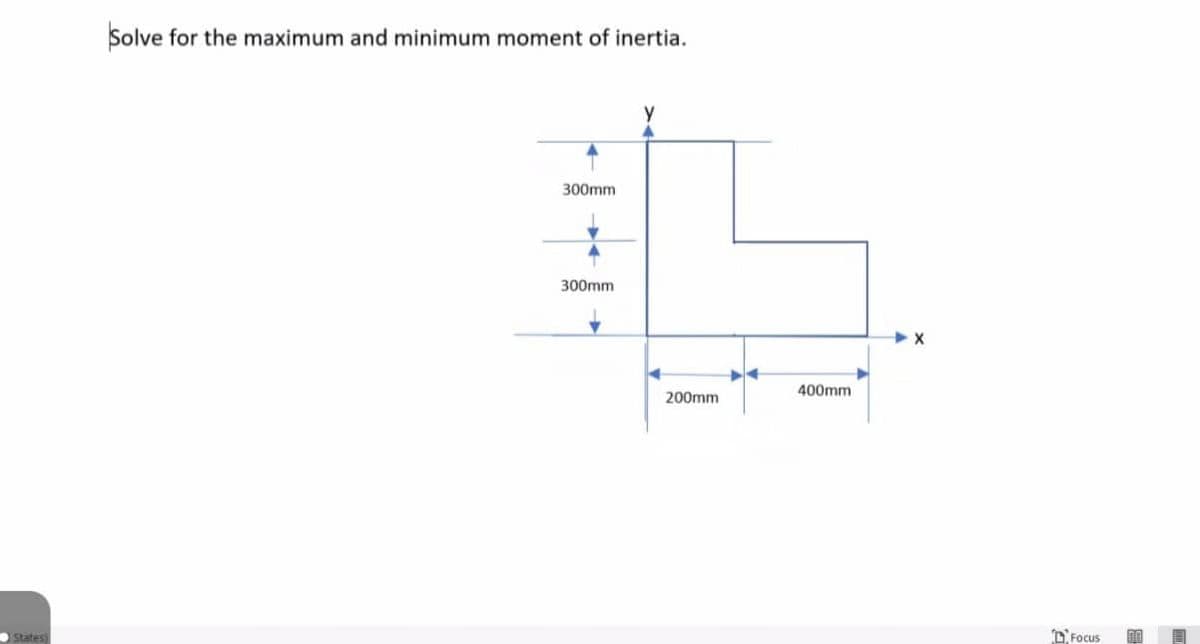 Solve for the maximum and minimum moment of inertia.
300mm
300mm
400mm
200mm
States
D Focus
