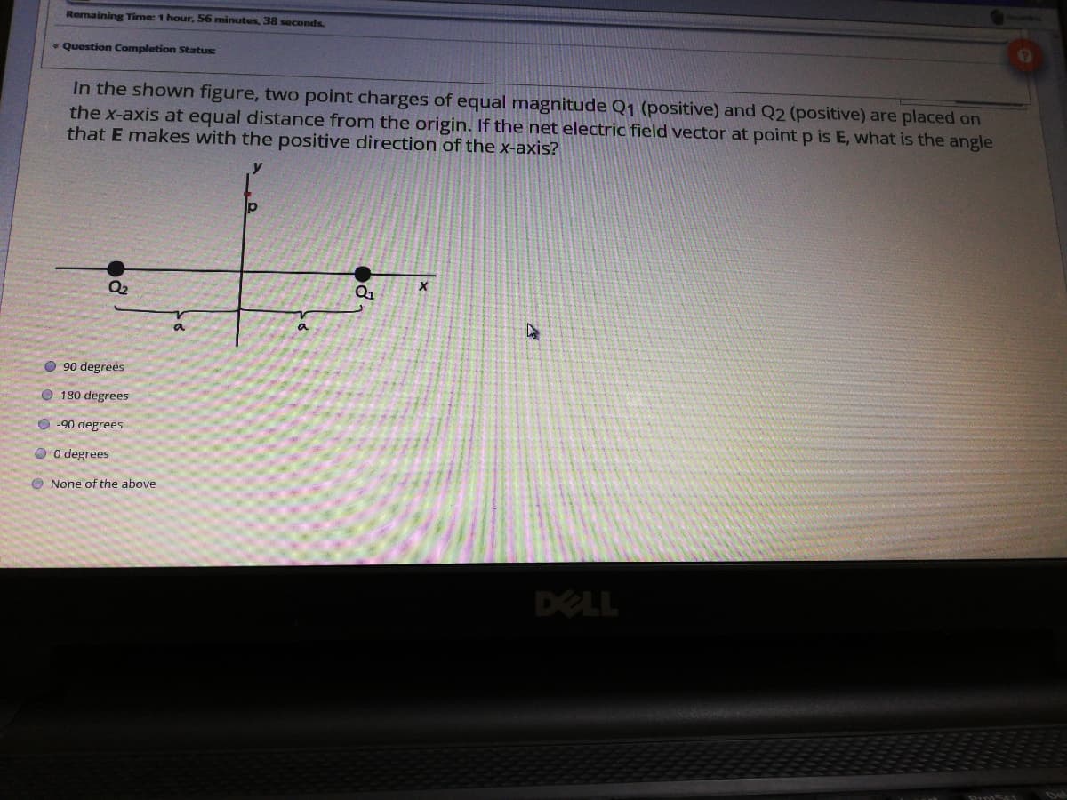 Remaining Time: 1 hour, 56 minutes, 38 seconds.
* Question Completion Status:
In the shown figure, two point charges of equal magnitude Q1 (positive) and Q2 (positive) are placed on
the x-axis at equal distance from the origin. If the net electric field vector at point p is E, what is the angle
that E makes with the positive direction of the x-axis?
Q2
Q1
a
90 degrees
O 180 degrees
O -90 degrees
O o degrees
O None of the above
DELL
