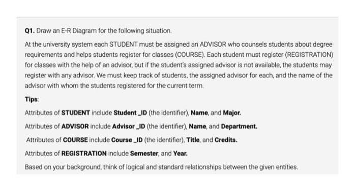 Q1. Draw an E-R Diagram for the following situation.
At the university system each STUDENT must be assigned an ADVISOR who counsels students about degree
requirements and helps students register for classes (COURSE). Each student must register (REGISTRATION)
for classes with the help of an advisor, but if the student's assigned advisor is not available, the students may
register with any advisor, We must keep track of students, the assigned advisor for each, and the name of the
advisor with whom the students registered for the current term.
Tips:
Attributes of STUDENT include Student ID (the identifier), Name, and Major.
Attributes of ADVISOR include Advisor ID (the identifier), Name, and Department.
Attributes of COURSE include Course ID (the identifier), Title, and Credits.
Attributes of REGISTRATION include Semester, and Year.
Based on your background, think of logical and standard relationships between the given entities.
