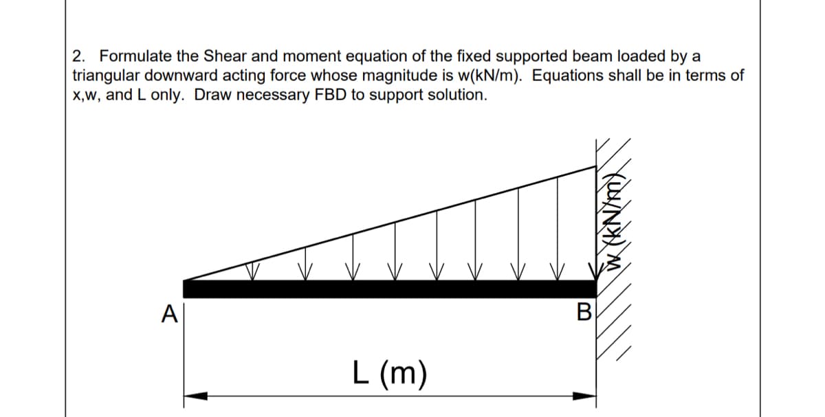2. Formulate the Shear and moment equation of the fixed supported beam loaded by a
triangular downward acting force whose magnitude is w(kN/m). Equations shall be in terms of
X,W, and L only. Draw necessary FBD to support solution.
A|
В
L (m)
