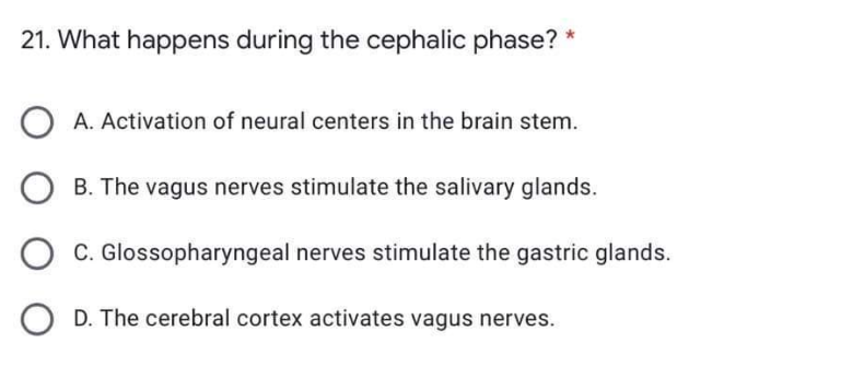 21. What happens during the cephalic phase? *
A. Activation of neural centers in the brain stem.
B. The vagus nerves stimulate the salivary glands.
C. Glossopharyngeal nerves stimulate the gastric glands.
D. The cerebral cortex activates vagus nerves.
