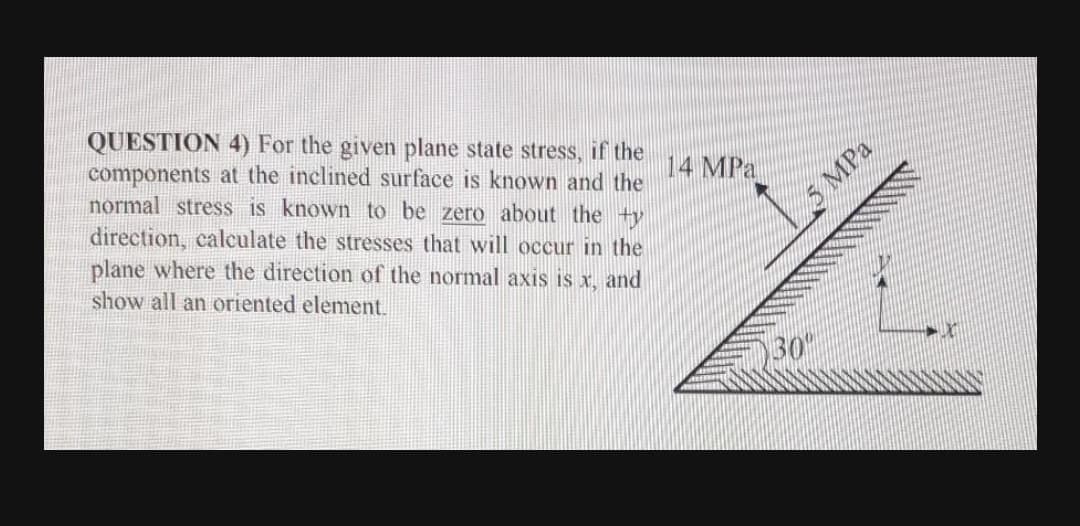 QUESTION 4) For the given plane state stress, if the
components at the inclined surface is known and the
normal stress is known to be zero about the +y
direction, calculate the stresses that will occur in the
plane where the direction of the normal axis is x, and
14 MPa
MPa
show all an oriented element.
30"

