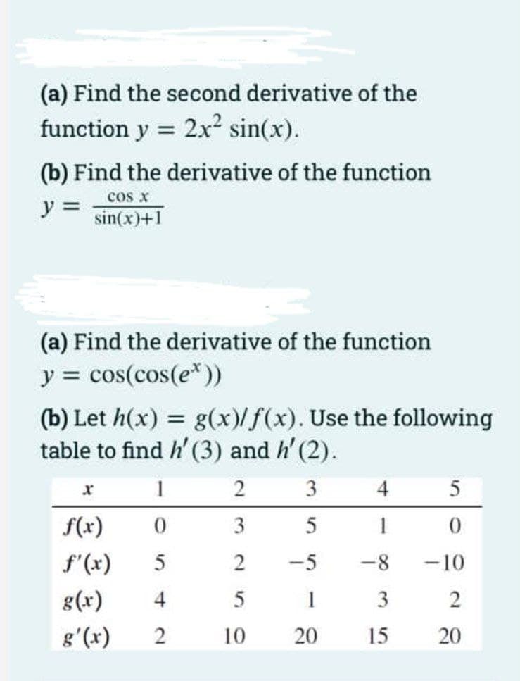 (a) Find the second derivative of the
function y = 2x² sin(x).
(b) Find the derivative of the function
cos x
sin(x)+1
y =
(a) Find the derivative of the function
y = cos(cos(e*)
(b) Let h(x) = g(x)/f(x). Use the following
table to find h' (3) and h' (2).
%3D
1
2
3
4
f(x)
3
1
f'(x)
5
2
-5
-8
-10
g(x)
4
1
3
g'(x)
10
15
20
20
