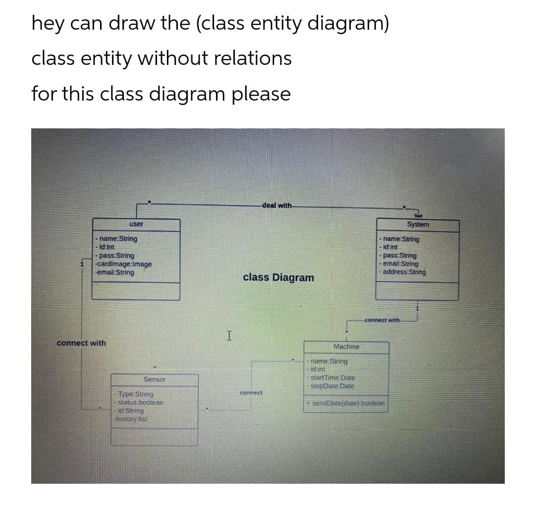 hey can draw the (class entity diagram)
class entity without relations
for this class diagram please
deal with
user
System
- name:String
-id:int
- name:String
- id:int
pass:String
-cardimage:Image
-email:String
- pass:String
- email:String
- address:String
class Diagram
connect with
I.
connect with
Machine
name: String
id int
startTime Date
stopDate Date
Sensor
Type String
status:boolean
id String
history list!
connect
+ sendDate(date) boolean
