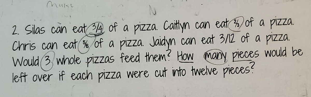 Muse
2. Silas can eat A of a pizza.
Chris can eat % of a pizza. Jaidyn can eat 3/12 of a pizza.
Would (3, whole pizzas feed them? How many pieces would be
left over if each pizza were cut into twelve pieces?
Caitlyn can eat %) of a pizza.
