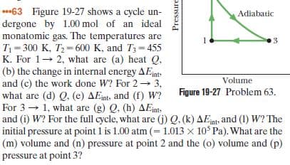***63 Figure 19-27 shows a cycle un-
dergone by 1.00 mol of an ideal
monatomic gas. The temperatures are
T = 300 K, T2 = 600 K, and T3= 455
K. For 1- 2, what are (a) heat Q,
(b) the change in internal energy AEnt-
and (c) the work done W? For 2 3,
what are (d) Q. (e) AEints and (f) W?
For 3 → 1, what are (g) Q, (h) AEints
and (i) W? For the full cycle, what are (j) Q. (k) AEnt, and (1) W? The
initial pressure at point 1 is 1.00 atm (= 1.013 x 10 Pa). What are the
(m) volume and (n) pressure at point 2 and the (o) volume and (p)
pressure at point 3?
Adiabatic
Volume
Figure 19-27 Problem 63.
Pressure
