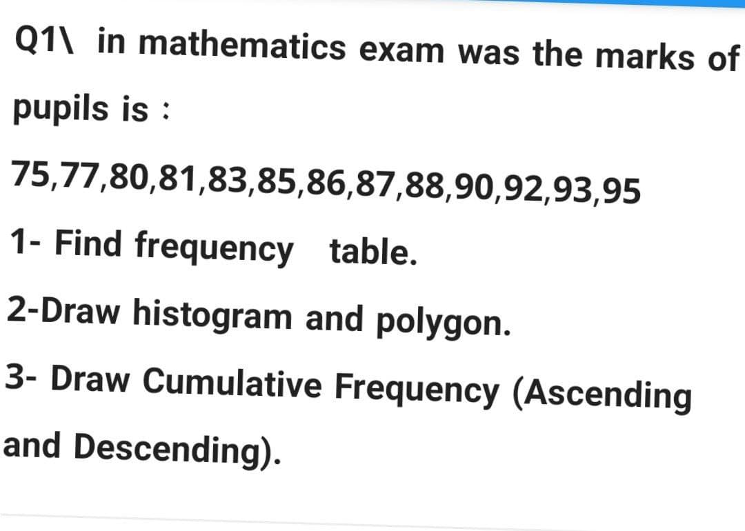 Q1\ in mathematics exam was the marks of
pupils is :
75,77,80,81,83,85,86,87,88,90,92,93,95
1- Find frequency table.
2-Draw histogram and polygon.
3- Draw Cumulative Frequency (Ascending
and Descending).

