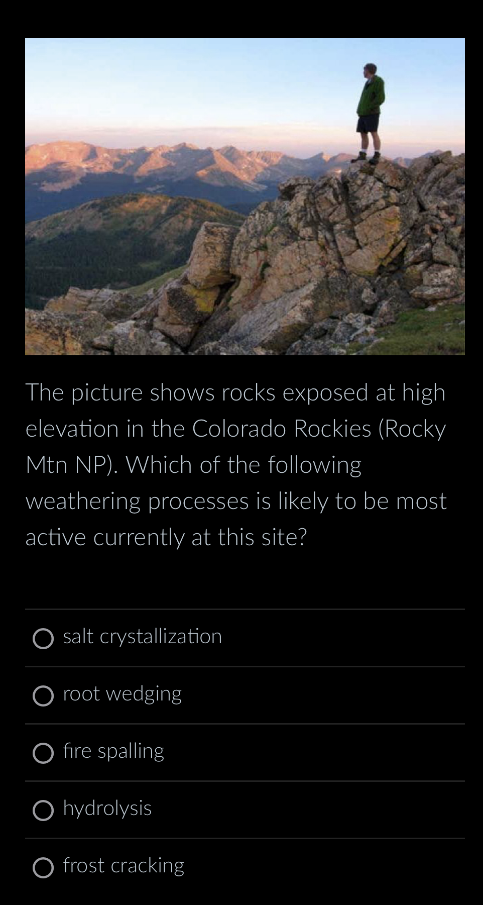 The picture shows rocks exposed at high
elevation in the Colorado Rockies (Rocky
Mtn NP). Which of the following
weathering processes is likely to be most
active currently at this site?
salt crystallization
O root wedging
O fire spalling
O hydrolysis
O frost cracking