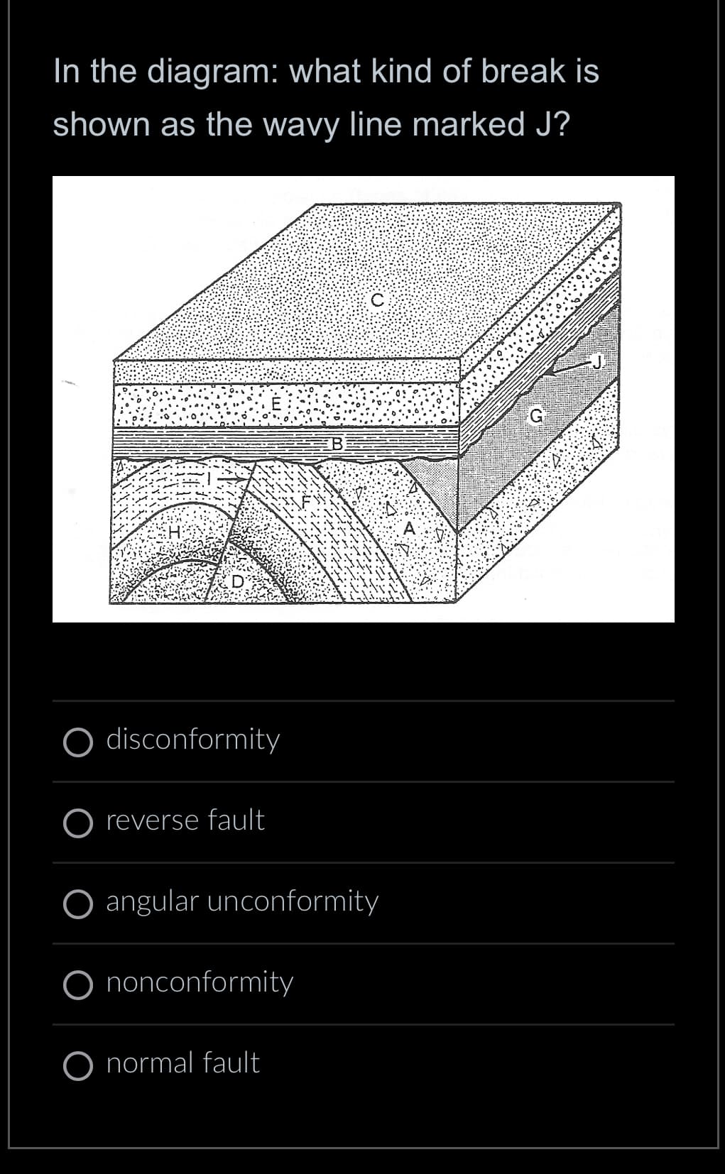 In the diagram: what kind of break is
shown as the wavy line marked J?
D
O disconformity
reverse fault
nonconformity
B
O angular unconformity
O normal fault
с