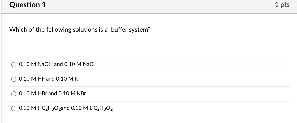 Question 1
1 pts
Which of the following solutions is a buffer system?
0.10 M NaOH and 0.10 M NaCl
0.10 M HF and 0.10 M KI
.10 М НBr and O.10 M KBr
0.10 М НС2HзОzand 0.10 M LiC2Hз02
