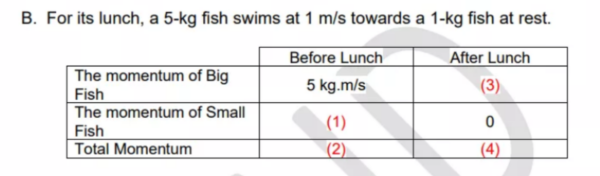 B. For its lunch, a 5-kg fish swims at 1 m/s towards a 1-kg fish at rest.
Before Lunch
After Lunch
The momentum of Big
Fish
The momentum of Small
|Fish
Total Momentum
5 kg.m/s
(3)
(1)
(2)
(4)
