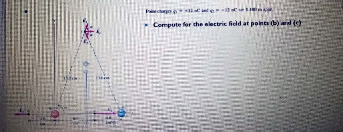 Point charges q - +12 nC and q - -12 nC are 0.100 m apart
• Compute for the electric field at points (b) and (c)
Rom
13.0

