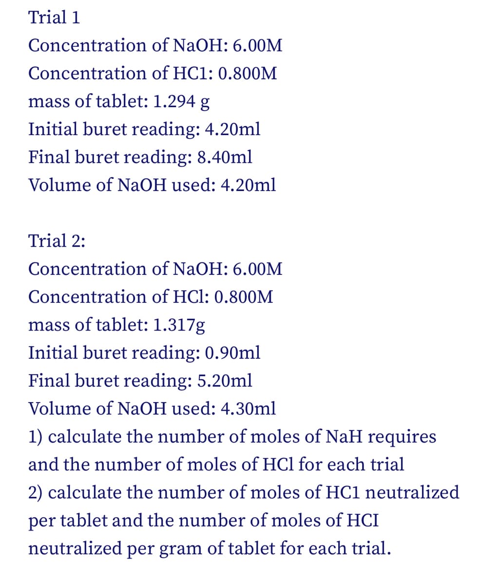 Trial 1
Concentration of NaOH: 6.00M
Concentration of HC1: 0.800M
mass of tablet: 1.294 g
Initial buret reading: 4.20ml
Final buret reading: 8.40ml
Volume of NaOH used: 4.20ml
Trial 2:
Concentration of NaOH: 6.00M
Concentration of HCl: 0.800M
mass of tablet: 1.317g
Initial buret reading: 0.90ml
Final buret reading: 5.20ml
Volume of NaOH used: 4.30ml
1) calculate the number of moles of NaH requires
and the number of moles of HCl for each trial
2) calculate the number of moles of HC1 neutralized
per tablet and the number of moles of HCI
neutralized per gram of tablet for each trial.
