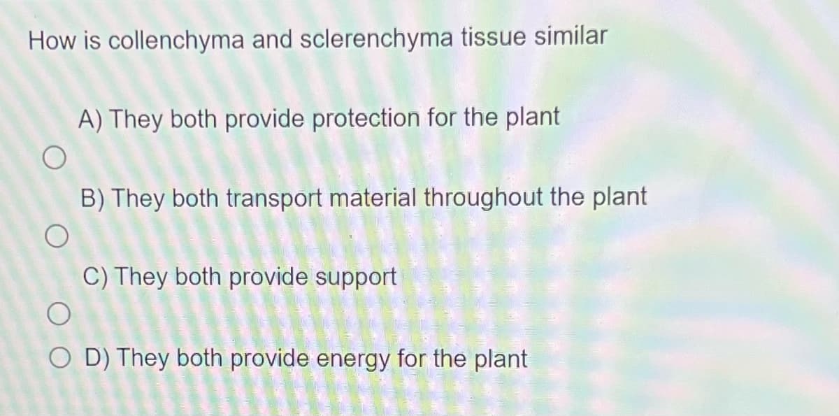 How is collenchyma and sclerenchyma tissue similar
A) They both provide protection for the plant
B) They both transport material throughout the plant
O
C) They both provide support
O D) They both provide energy for the plant