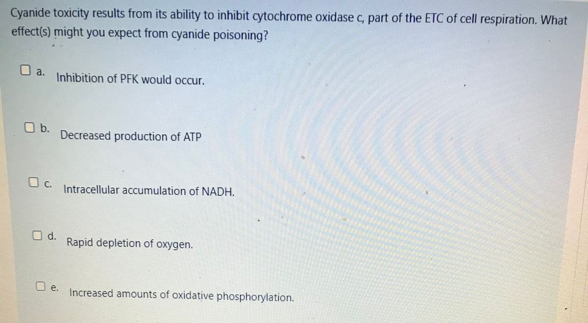 Cyanide toxicity results from its ability to inhibit cytochrome oxidase c, part of the ETC of cell respiration. What
effect(s) might you expect from cyanide poisoning?
O a.
Inhibition of PFK would occur.
b.
Decreased production of ATP
C.
Intracellular accumulation of NADH.
d.
Rapid depletion of oxygen.
O e.
Increased amounts of oxidative phosphorylation.
