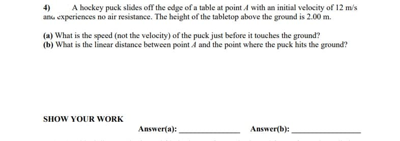 A hockey puck slides off the edge of a table at point A with an initial velocity of 12 m/s
4)
ana experiences no air resistance. The height of the tabletop above the ground is 2.00 m.
(a) What is the speed (not the velocity) of the puck just before it touches the ground?
(b) What is the linear distance between point A and the point where the puck hits the ground?
