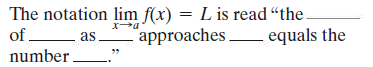The notation lim f(x) = L is read “the.
approaches equals the
of.
as
number .
