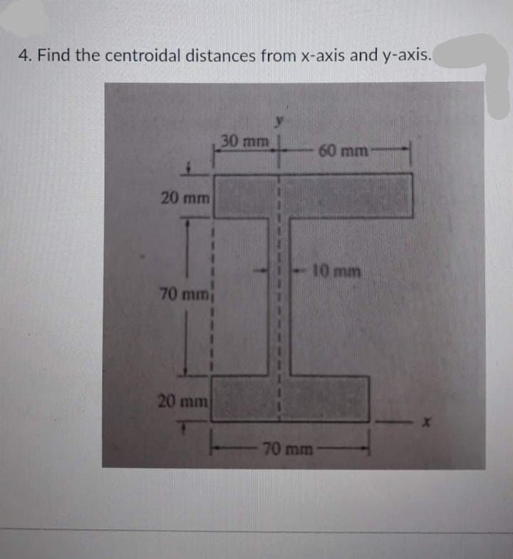 4. Find the centroidal distances from x-axis and y-axis.
30 mm
60 mm
20 mm
10 mm
70 mm
20 mm
70 mm
